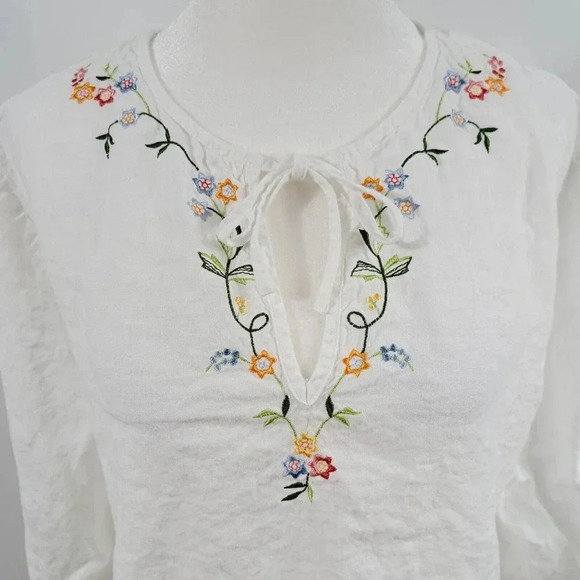 Talbots White Irish Linen Blouse Embroidered Ruffle Sleeve Womens Size Large - Picture 2 of 10